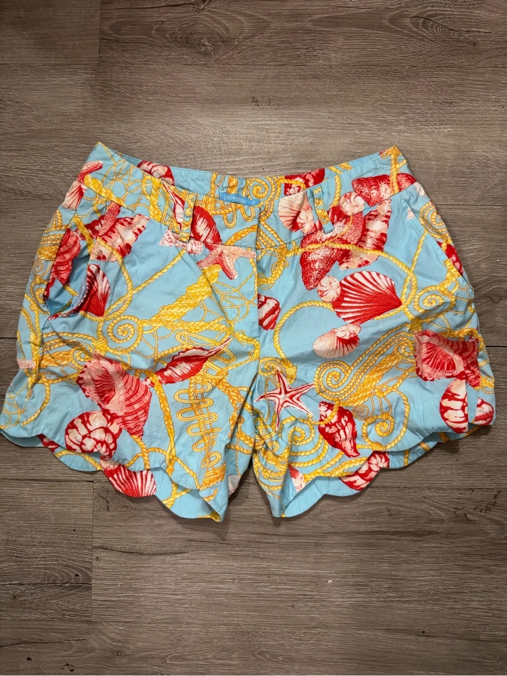 Nautical Seashell Starfish Rope Print Scalloped Shorts Aqua Blue Size 0